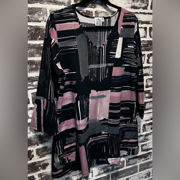 Parsley & Sage Pink Navy Abstract Print V-Neck Tunic Pockets Art To Wear Size M - Picture 6 of 8